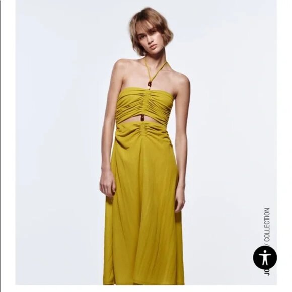 Zara Dresses & Skirts - NWT Zara Yellow Green Cutout Halter Dress with bead